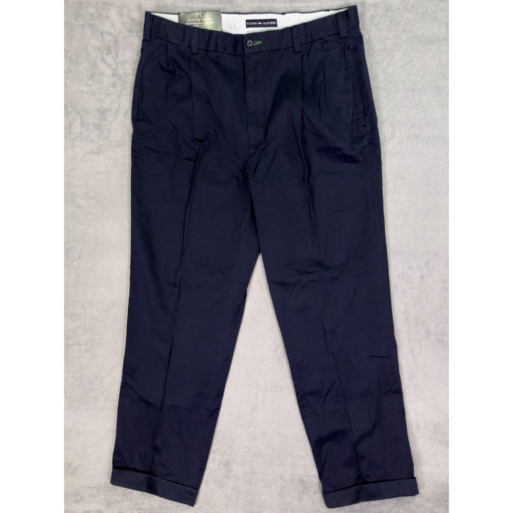 New Tommy Hilfiger Chino Dress Pants Mens 38x34 Navy Straight Relaxed Pleated